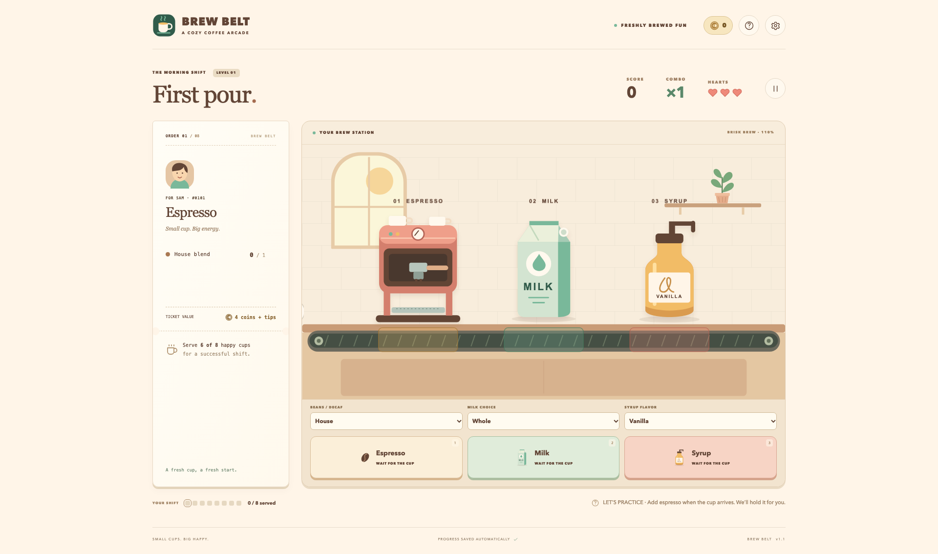 Brew Belt gameplay showing a customer order, coffee conveyor, and espresso, milk, and syrup controls.