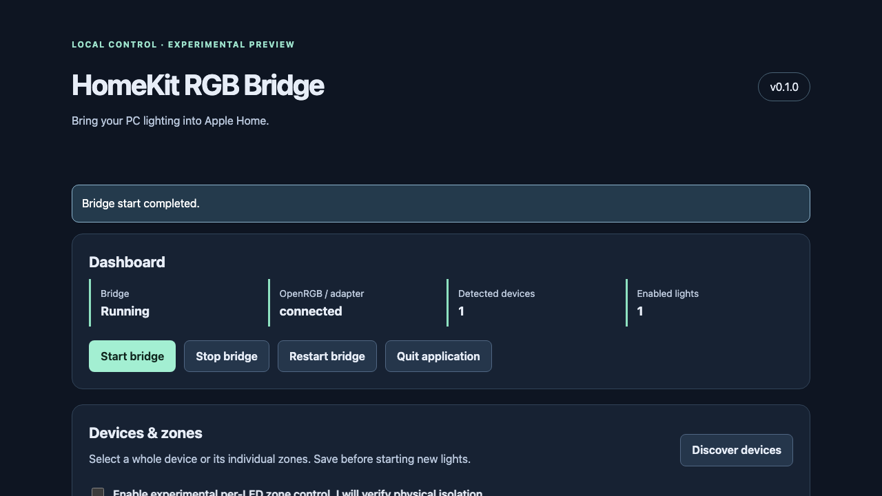 The HomeKit RGB Bridge local control panel running in mock mode, with bridge status, controls, and device discovery.
