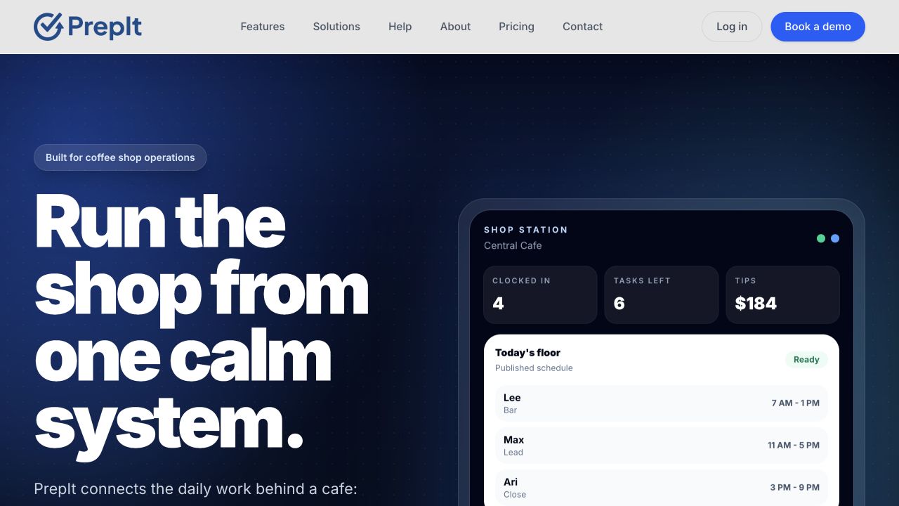 PrepIt’s live public website, with its coffee shop operations introduction and shop-station preview.