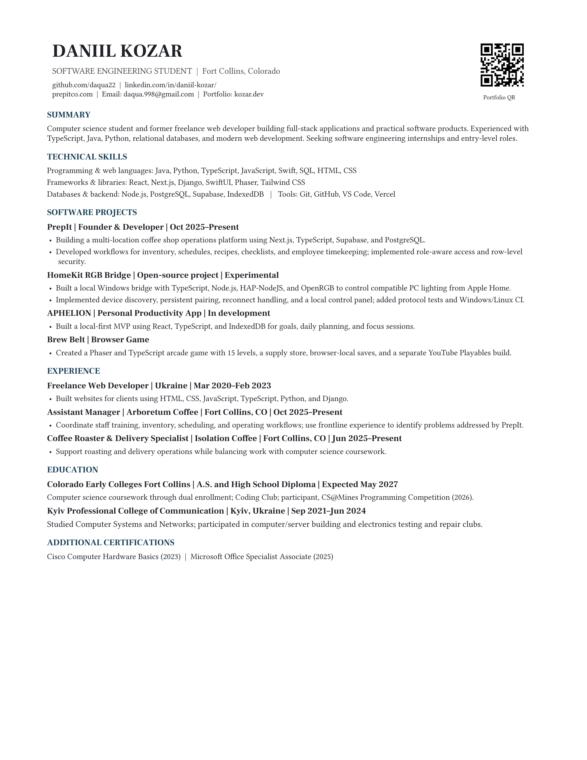 Daniil Kozar’s original design résumé, page 1. A selectable text version is available below.