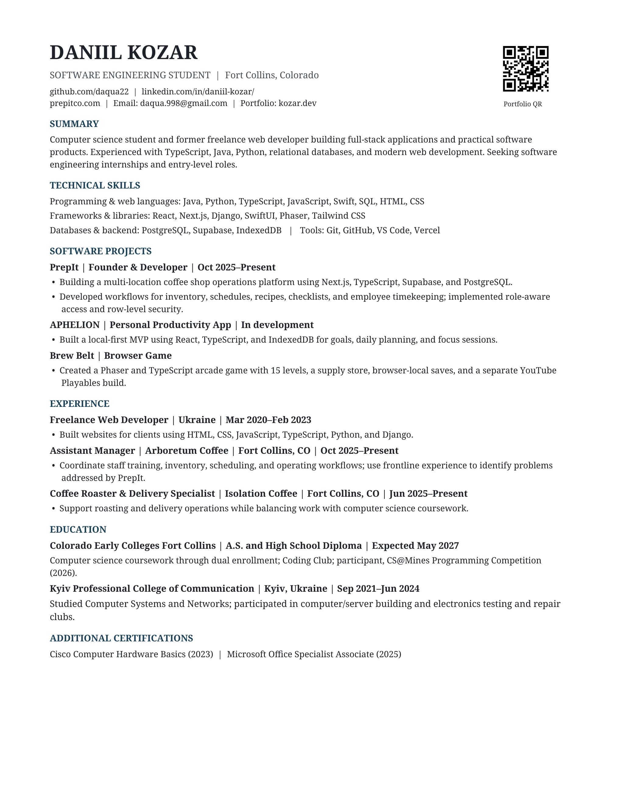 Daniil Kozar’s software engineering résumé, page 1. A selectable text version is available below.