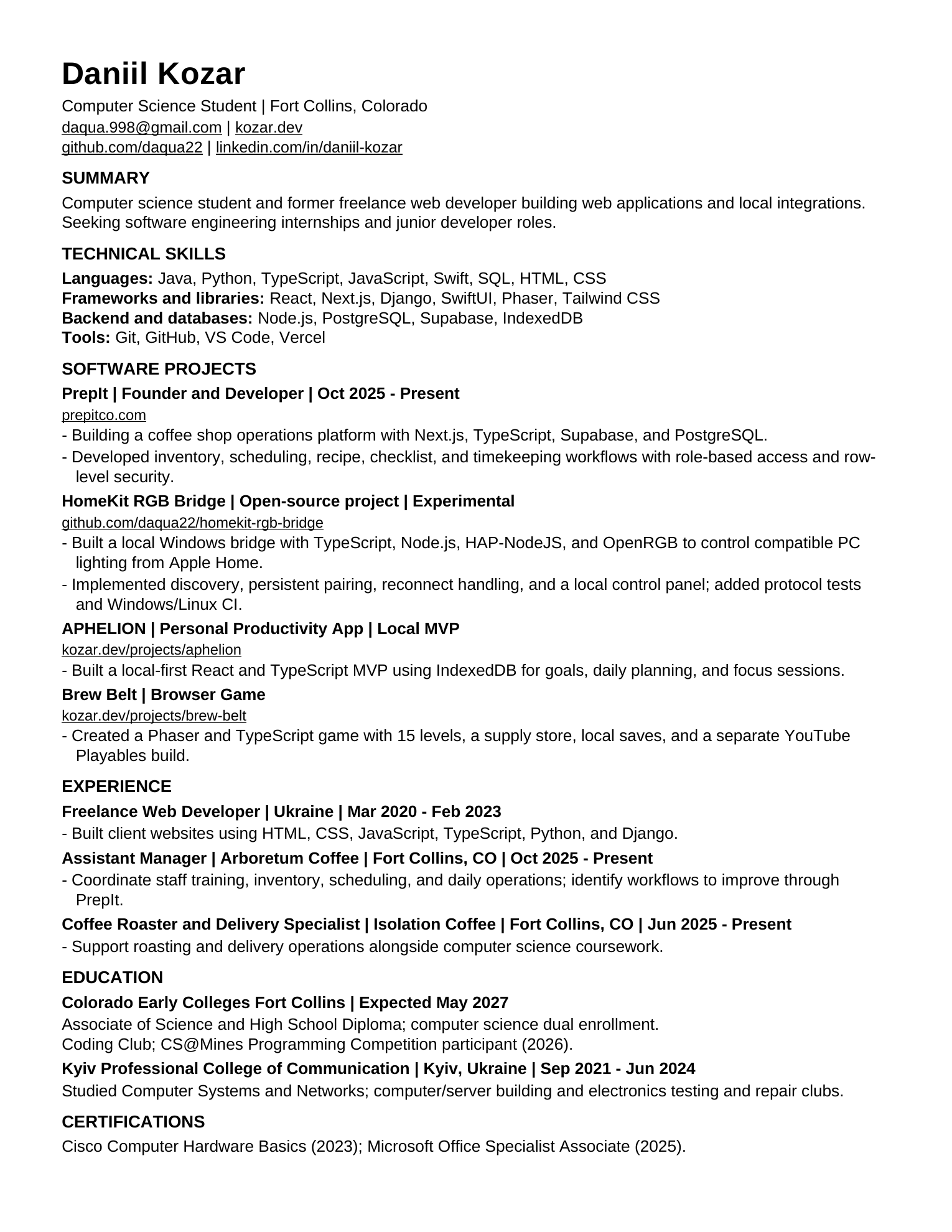 Daniil Kozar’s projects first résumé, page 1. A selectable text version is available below.